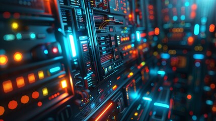 Fototapeta premium Close-up shot of a futuristic data server room with colorful LED lights, illustrating advanced technology and high-performance computing.