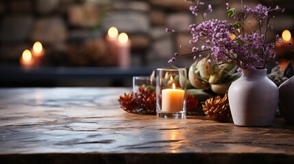 A retail background with bokeh lights adding a soft glow to a table with a stone or concrete top, providing an inviting setting to showcase products in a stylish environment.