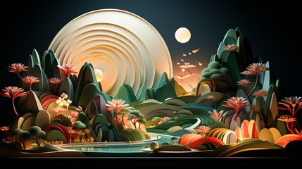 Futuristic product display featuring abstract lines and rounded polygonal patterns against a backdrop of abstract nature elements, creating a visually dynamic presentation.