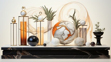 A captivating display illustration showcasing products on a marble stand against a backdrop of abstract lines and shapes, adding a touch of modern elegance to the retail setting.