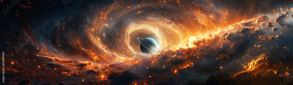 Wall mural fantastic panorama with a black hole, a supernova, and a wormhole with planets in galaxy in space