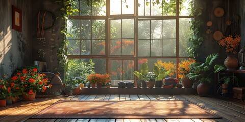 Enjoy a Cozy and Sunlit Indoor Garden filled with Lush Plants near Large Windows - Powered by Adobe