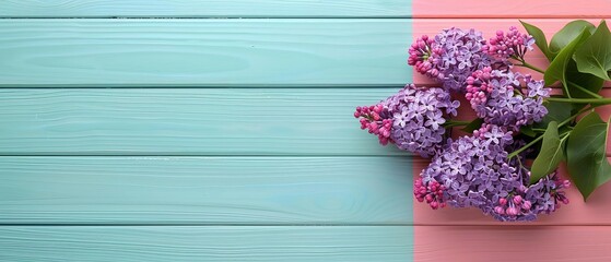 Vibrant lilac flowers on a pastel-colored wooden background, featuring turquoise and pink hues for a fresh spring aesthetic.