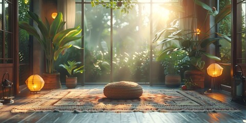 Sun shines through windows of a plantfilled living room with a rug