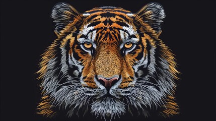 A vibrantly colored illustration of a tiger's face with striking stripes and a dark background