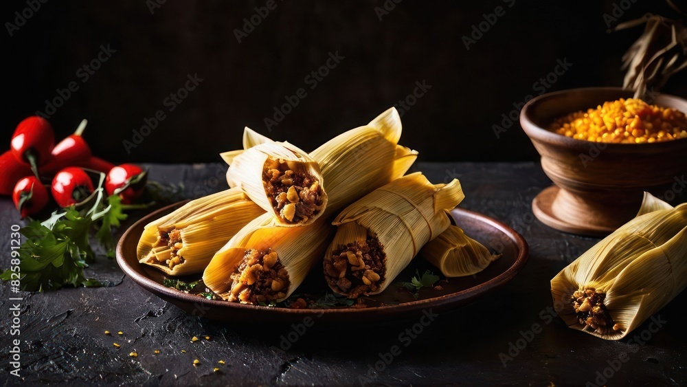 Wall mural Tamales and salsa on a wooden table