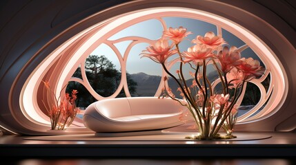 Futuristic product display featuring abstract lines and rounded polygonal patterns against a backdrop of abstract nature elements, enhancing the visual appeal of the presentation.