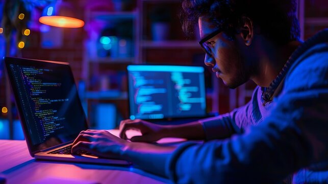 A focused programmer works on a laptop in a dimly lit room with code displayed on screens, showcasing dedication and concentration.