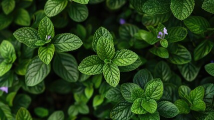 Close up image of a plant featuring green leaves and purple flowers - Powered by Adobe