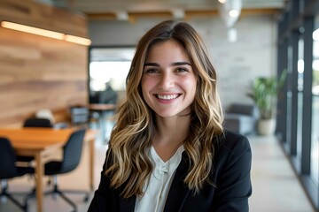 Obraz premium Smiling businesswoman in a modern office environment