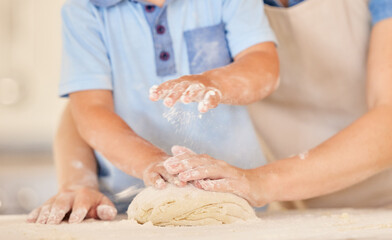Hands, child and baking dough in kitchen for learning, cooking and teaching baking skills with flour together. Family, bonding and baker as chef at house for bakery, dinner and growth as childhood