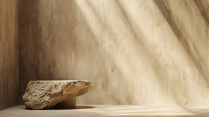 A minimalist 3D render of a brown stone podium splayed with natural rock elements, illuminated by warm sunlight