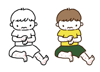 手足に出ている赤い発疹を気にする子供／Illustration of a child concerned about a red rash on his hands and feet