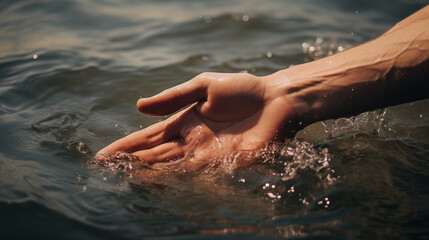 Fototapeta premium Hand Human touch the purity of natural water. Earth Day concept.