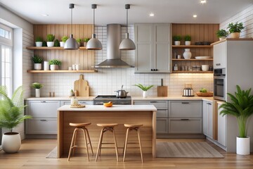 middle-size low-cost modern kitchen  in the interior, Unsplashed photos style. Photoreal detailed