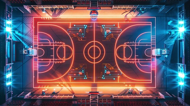 A basketball court with neon lights and a basketball hoop - Powered by Adobe
