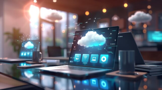 Top view of a cloud computing hub featuring servers and workstations, business technology background. essential elements of the hub, showcasing modern IT infrastructure