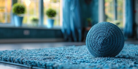 On a blue rug, there is a blue ball placed on top