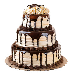 Delicious tall chocolate icing cake design on an isolated background