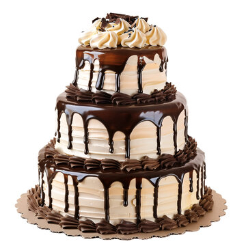 Delicious tall chocolate icing cake design on an isolated background