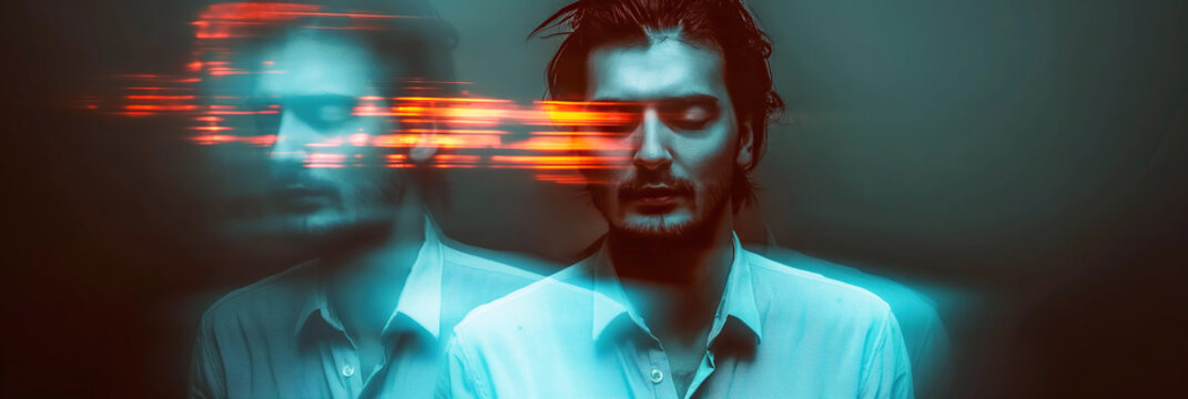 blurred portrait of a man with schizophrenic and mental disorders on a dark background. Stress and paranoia