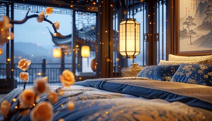 A bedroom with a blue bed and a lamp
