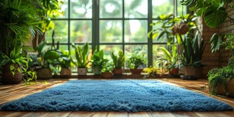 Blue rug on wooden floor by window with potted plants