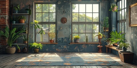 The room is filled with numerous potted plants and large windows