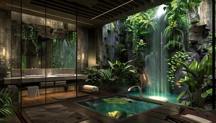 Fototapeta premium A bathroom with a waterfall and plants