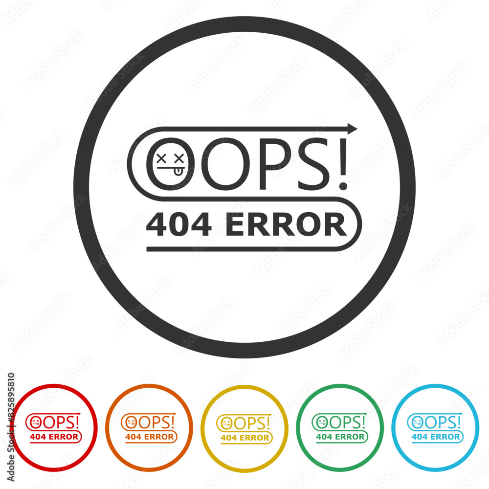 Poster oops 404 error icon. set icons in color circle buttons