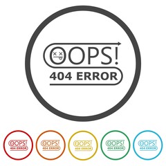 Oops 404 error icon. Set icons in color circle buttons