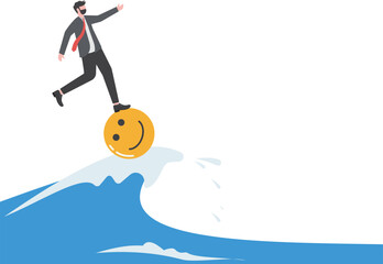 Fight crises with optimism. Businessman surfing the sea in a good mood

