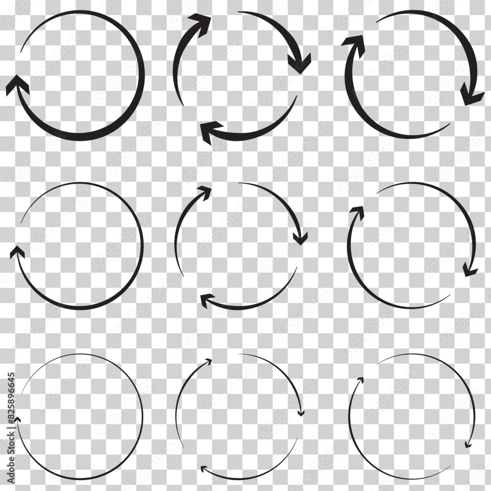 Poster set of circle arrows rotating on white background. refresh, reload, recycle, loop rotation sign coll