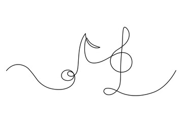 One line musical note and Treble clef. Outline continuous vector sketch.