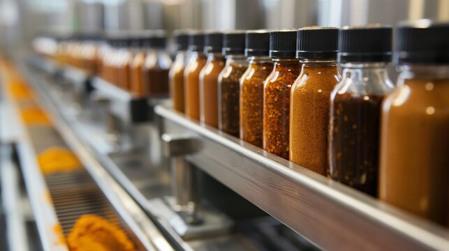 Bottled seasoning production factory on the conveyor belt