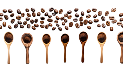 Falling coffee beans with wooden spoon isolated on transparent background.