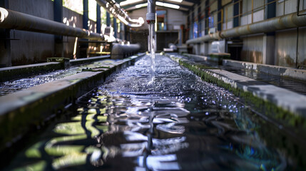 Indoor water treatment facility with filtration channels.

