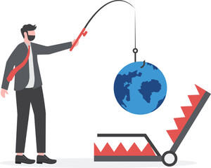 World crisis. Businessman tries to pick up a globe in a bear trap

