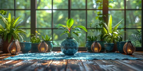 Potted plants on a wooden table in front of a window