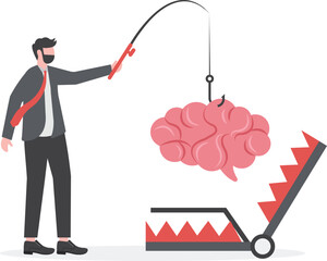 Anxiety, limiting thoughts. Businessman picks brain in bear trap. vector


