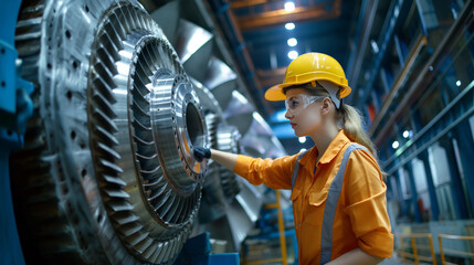 Female engineer examining machinery in a factory.