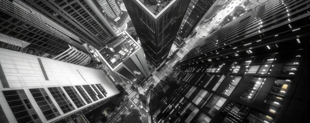 Fototapeta premium Black and white high-angle shot of towering skyscrapers at night in a bustling city, highlighting urban architecture and city life.