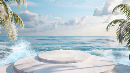 3d render of white podium on the beach with palm trees and sea background.
