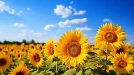 Fototapeta premium Sunflower field with cloudy blue sky