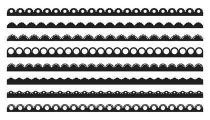 Scalloped edge border frilly stroke divider black silhouette stripe, tape collection isolated on white background. Traditional simple ornament with circles, embroidery ribbon.