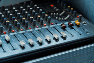 Amplifier mixer and equalizer in studio room in close up view. uds