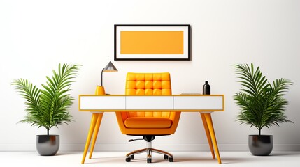 Stylish modern home office setup with yellow chair, desk, framed art, and plants, ideal for productivity and interior design inspiration. 3d render