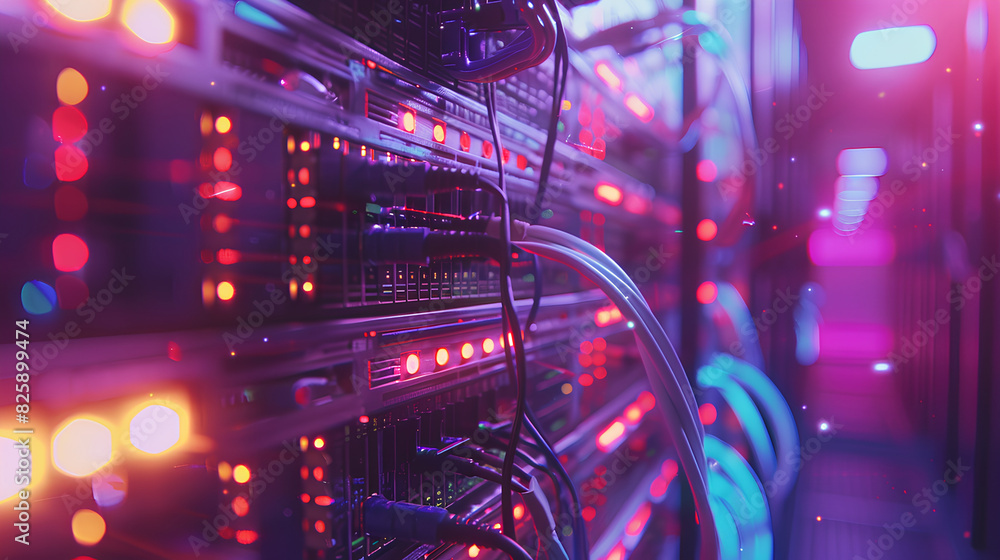 Poster a backdrop of a server room with network cables and lights, network, dynamic and dramatic compositio