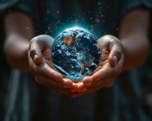 Fototapeta premium Hands holding glowing Earth, symbolizing global unity, environmental protection, and the importance of taking care of our planet.