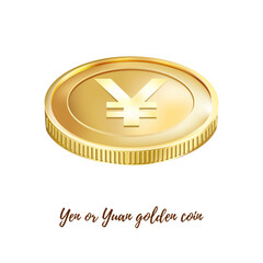 Vector golden coin with yen sign, yuan sign. Simple design. Isolated on a white background. Gold money. Golden yen. Golden yuan
